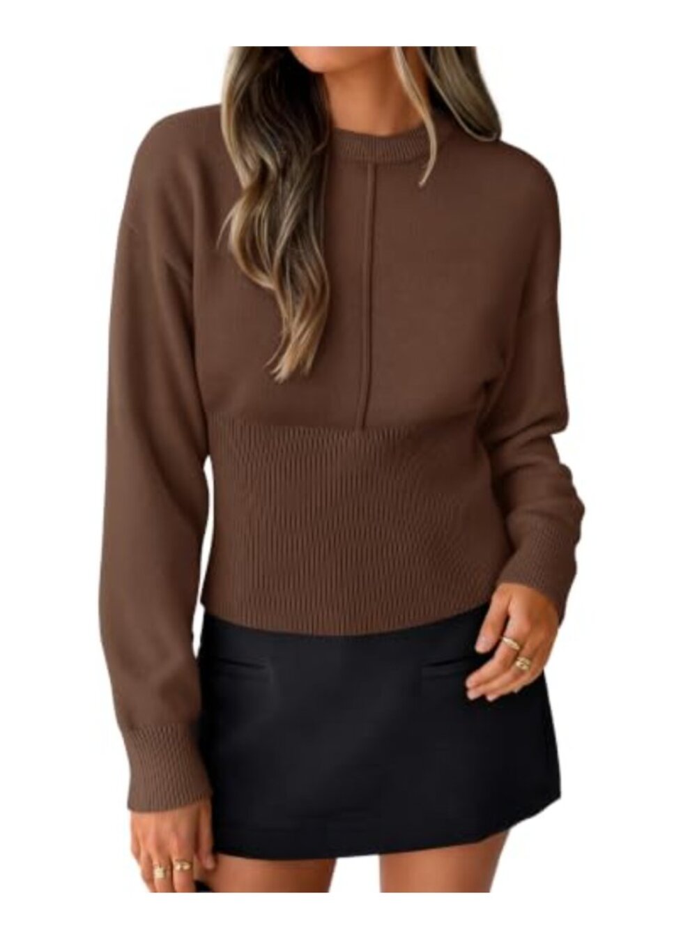Womens Long Sleeve Crewneck Cinched Waist Ribbed Knit Sweater Business Casual